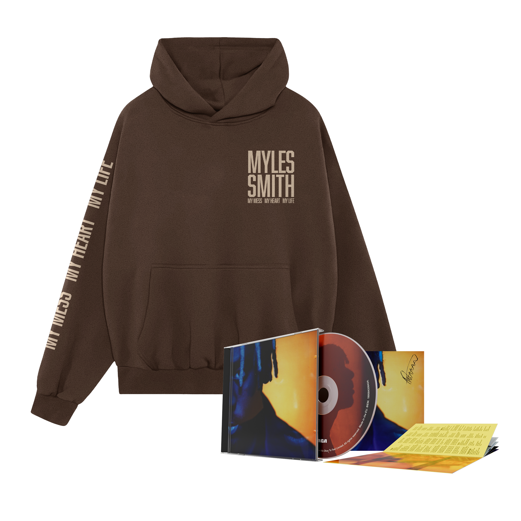 My Mess, My Heart, My Life.  Hoodie bundle including a brown hoodie and signed CD