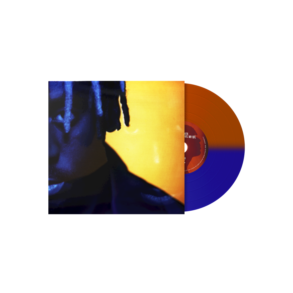 Vinyl record with a blue and orange design on a white background
