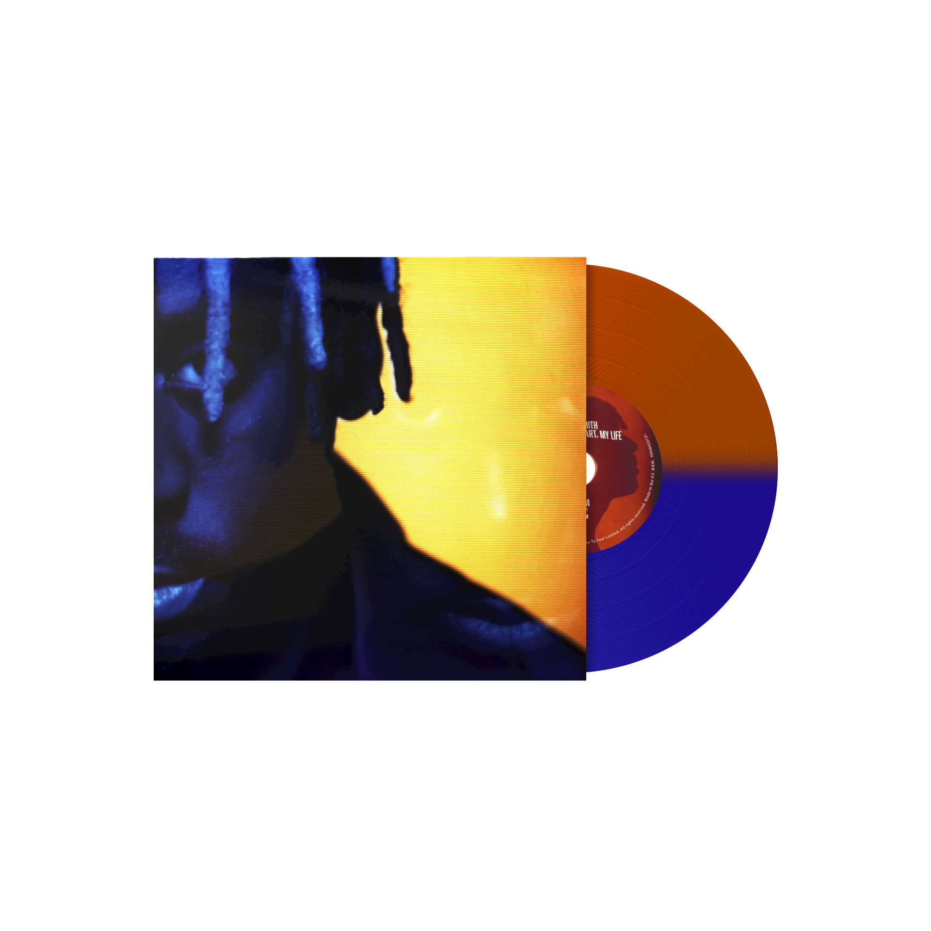 Vinyl record with a blue and orange design on a white background