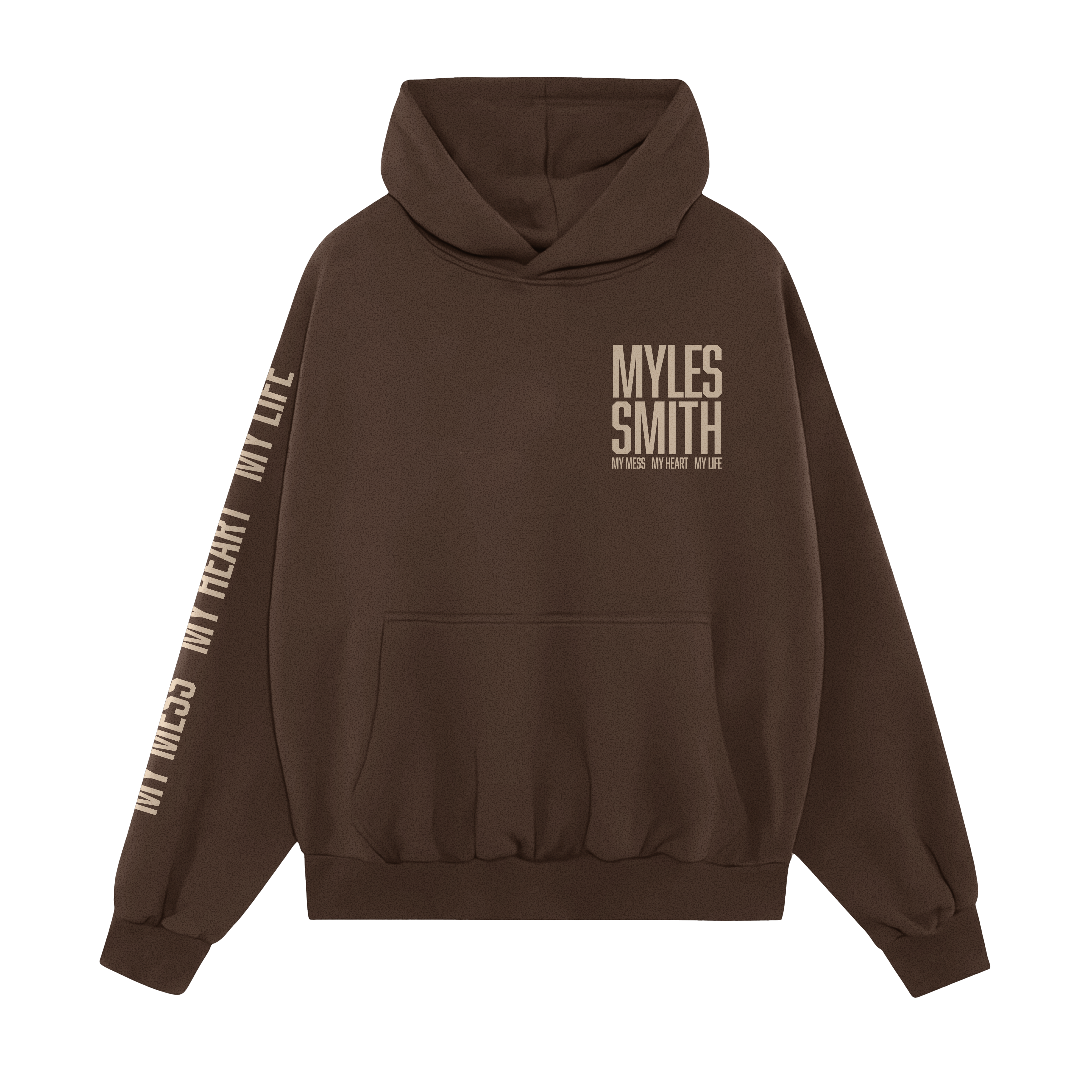 Front view of a Myles Smith Brown hoodie with ivory text on the right chest reading ‘Myles Smith My Mess, My Heart, My Life.’ and additional ivory text ‘My Mess, My Heart, My Life.’ printed along the right sleeve
