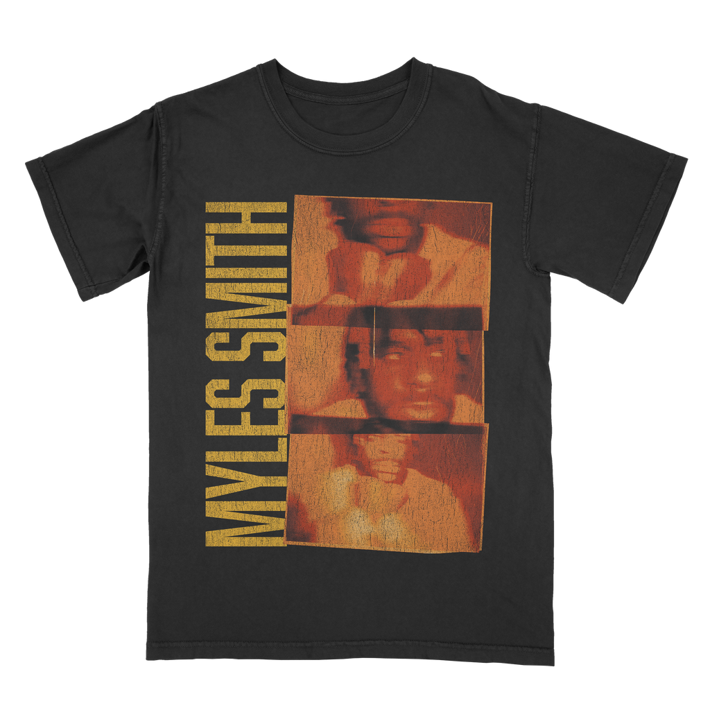 Front view of a black unisex short-sleeve T-shirt featuring a vintage film-inspired print with three photos of Myles Smith, alongside vertical yellow text reading ‘Myles Smith.