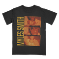 Front view of a black unisex short-sleeve T-shirt featuring a vintage film-inspired print with three photos of Myles Smith, alongside vertical yellow text reading ‘Myles Smith.