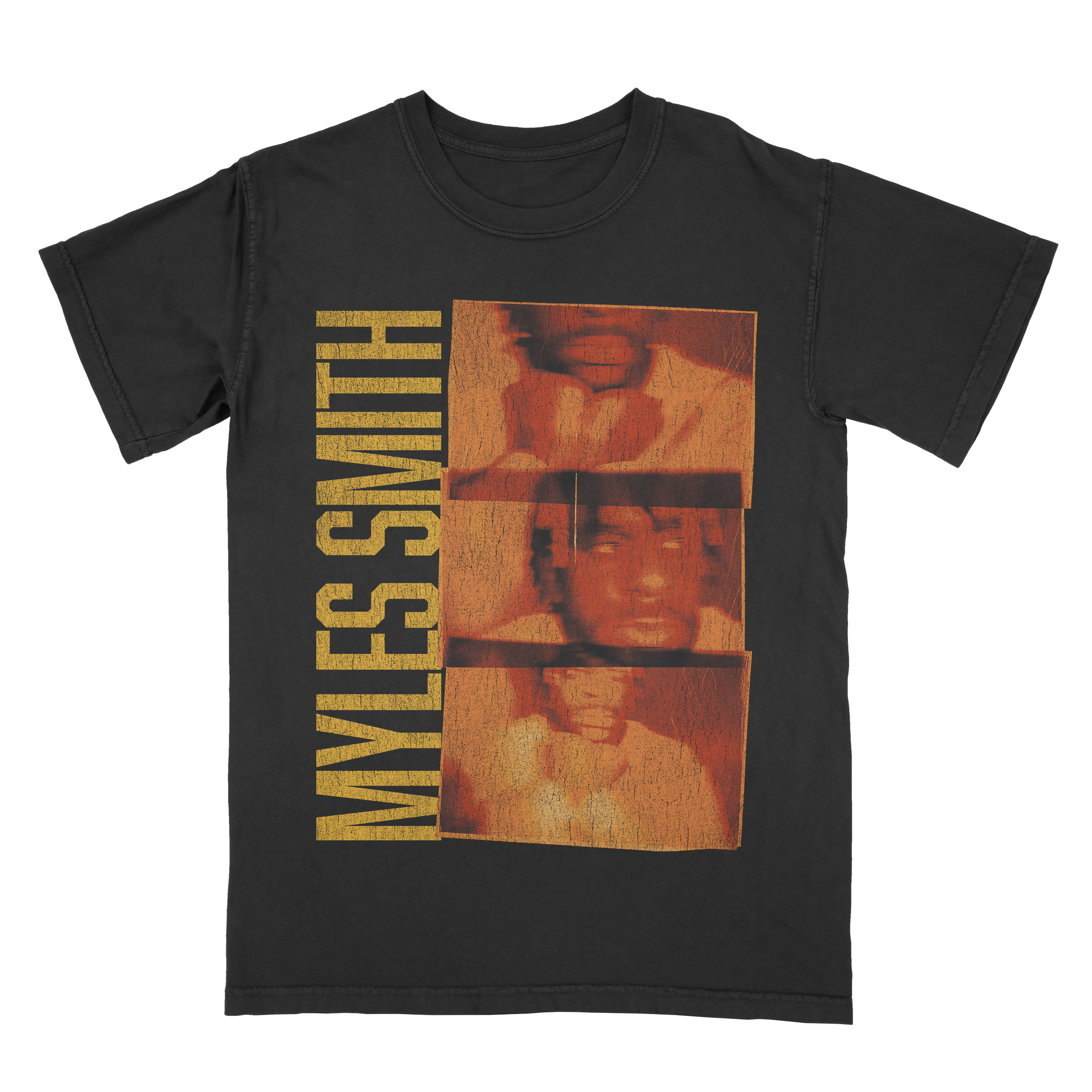 Front view of a black unisex short-sleeve T-shirt featuring a vintage film-inspired print with three photos of Myles Smith, alongside vertical yellow text reading ‘Myles Smith.