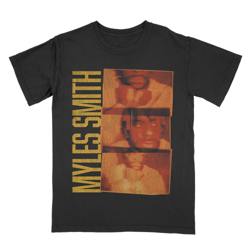 Front view of a black unisex short-sleeve T-shirt featuring a vintage film-inspired print with three photos of Myles Smith, alongside vertical yellow text reading ‘Myles Smith.